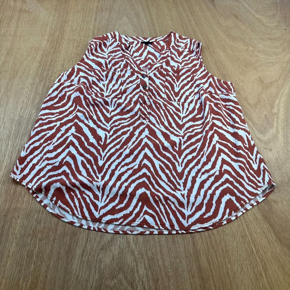 Torrid Sleeveless Blouse Zebra Print Rust White Button Front Women’s Size 0 (L)